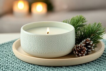 Poster - Burning candle creating cozy winter atmosphere on coffee table