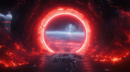 Wall Mural - a glowing red portal surrounded by dark rocks, leading to a mysterious, illuminated landscape.