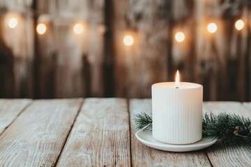 Aufkleber - Burning white candle creating cozy winter atmosphere on wooden table