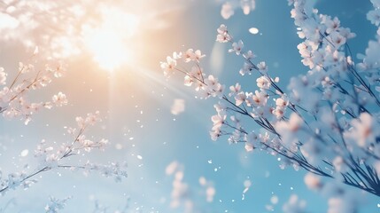 Wall Mural - Spring Blooming, White Blossoms And Sunlight In The Sky, with copy space. Selective focus