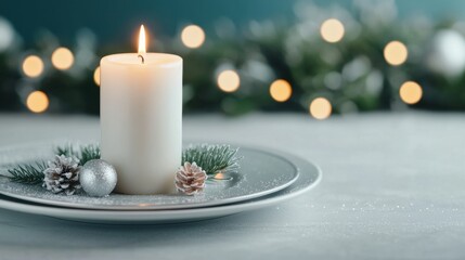 Poster - Burning candle illuminating festive holiday table setting with winter elegance