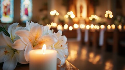 White lilies and lit candles decorating a church altar for a religious ceremony