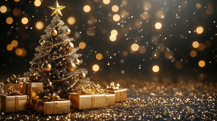 Wall Mural - christmas tree with golden decorations and gifts on sparkling background
