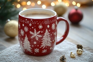 Wall Mural - red christmas mug with hot beverage warming up during winter holidays