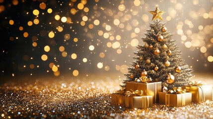 Wall Mural - golden christmas tree sparkling with festive lights and gifts