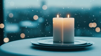 Aufkleber - Lit candles creating festive atmosphere on holiday table setting with falling snow outside window