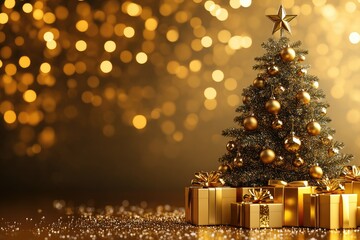 Wall Mural - golden christmas tree with presents and festive bokeh lights creating magical atmosphere