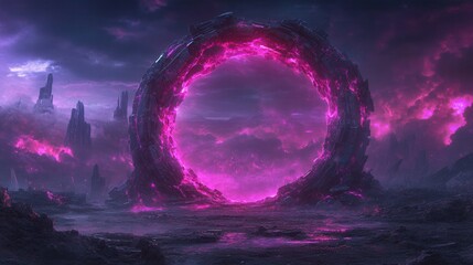 Wall Mural - a mystical, glowing portal surrounded by dark landscapes and ethereal clouds, evoking a sense of adv