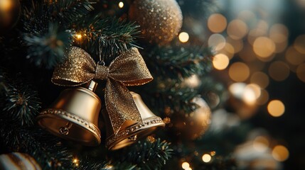 Wall Mural - golden christmas bells hanging on decorated christmas tree with blurred lights