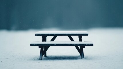 Poster - Snow falling on empty picnic table in winter park