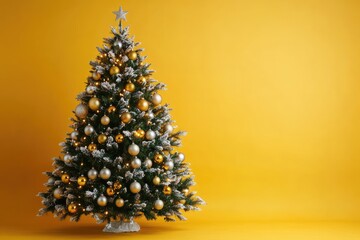 Wall Mural - decorated christmas tree with golden and silver ornaments on yellow background