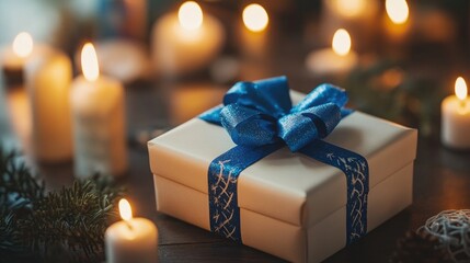 Wall Mural - christmas gift box with blue ribbon surrounded by burning candles