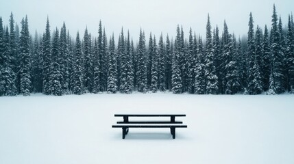 Poster - Lonely picnic table covered in snow in a silent forest clearing during winter