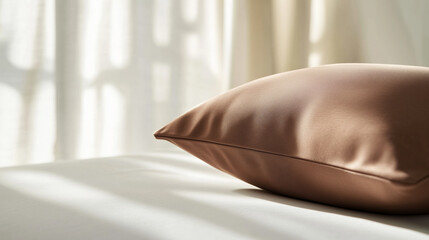 Poster - soft brown pillow resting on a neatly made bed with sunlight filtering through sheer curtains in a c