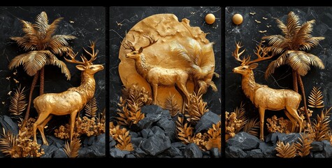 Poster - The main elements of this 3D canvas art are black with white marble, golden wavy shapes, deer, and leaves on a tree branch.