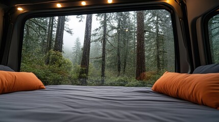 Fototapete - Soft orange pillows rest on a cozy bed inside a cabin. Through large windows, a misty forest creates a serene atmosphere on a quiet morning