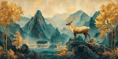Poster - This canvas artwork features a turquoise deer and leaves on a white marble background, designed as a wall poster.