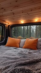 Aufkleber - Soft orange pillows rest on a cozy bed inside a cabin. Through large windows, a misty forest creates a serene atmosphere on a quiet morning