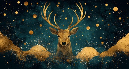 Poster - This contemporary wall art mural features golden dots and bird shapes alongside a marble deer, all set against a black background.