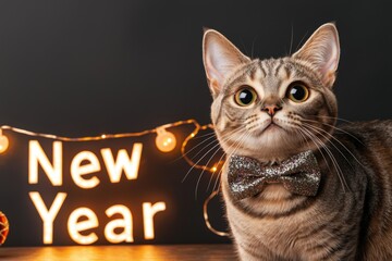 Canvas Print - Year end fun with party vibe cat concept. Cute cat with a bow tie celebrating New Year with festive lights