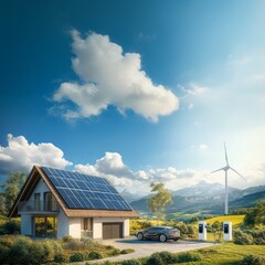 Wall Mural - An electric car is parked next to the house, clearly connected to a charging station. In the background, a small wind turbine is visible, set against a natural landscape with distant mountains