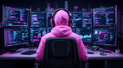 Poster - a person wearing headphones is seated in front of several screens in a cyberpunk city.