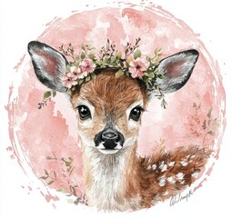 Charming baby deer artwork designed for kindergarten and nursery use, ideal for kids' clothing and patterns. Watercolor, hand-drawn style great for phone case designs, nursery posters, and postcards.