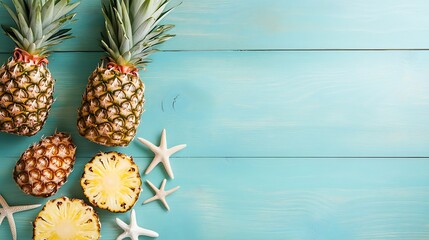 Two whole pineapples, a sliced pineapple, and four starfish on a blue wooden background.