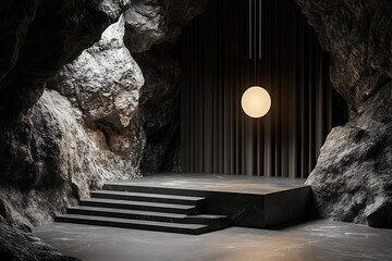 black and white minimalist surreal stage with stairs and curtains 3d rendering bronze glow bronze ch