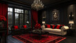 © ATALLAH AHMED  - ??????????A stunning living room with a dark wall red accents and a touch of luxury ?????????? Monochrome Black white gray charcoal 3D Rendering