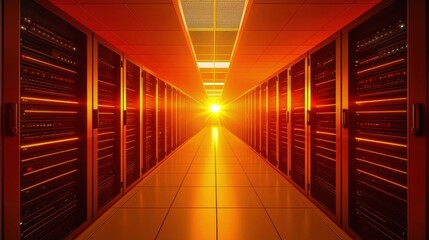 Poster - A data center corridor illuminated by a warm sunset glow, showcasing rows of server racks and high-tech environment.