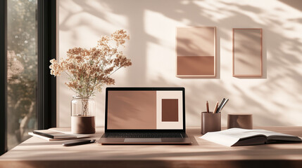 Aufkleber - Cozy workspace with laptop and natural decorations for productive inspiration