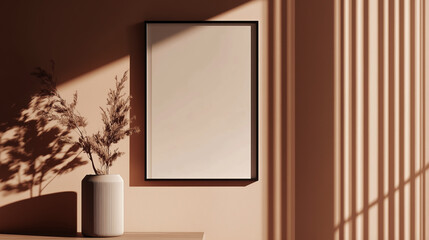 Poster - soft morning light casts shadows in a minimalistic interior with a vase and blank frame on the wall