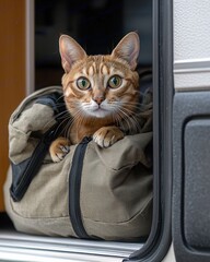 Sticker - Traveling with cat in RV concept. Curious cat peeking out from a cozy pet bag in an RV doorway