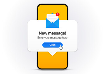 Poster - New message notification concept on realistic smartphone mockup. New email pop up. Incoming, open messaging. Chatting, mail, post, letter symbol, sign, emblem with new notification for UI UX website