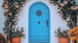 © Milan - A stylish blue door highlighted by lush flowers framed in a sophisticated arch. The delightful decor adds a touch of elegance to this cozy threshold.