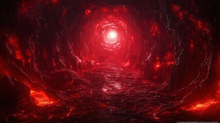 Wall Mural - a dark, swirling tunnel illuminated by a bright red light at the end, creating an eerie and otherwor