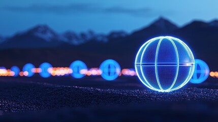 Poster - A serene landscape featuring glowing blue orbs set against a twilight backdrop of mountains, creating a mesmerizing light display.