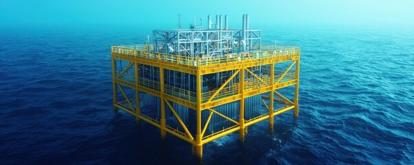 Poster - A vibrant offshore oil platform sits atop deep blue ocean waters, showcasing modern engineering and maritime energy exploration.