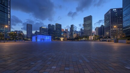 Wall Mural - cityscape at twilight, empty plaza with modern architecture and glowing structure.
