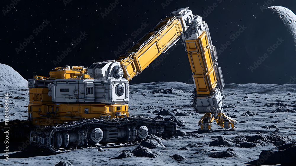 futuristic robotic arm operates on lunar surface, showcasing advanced ...