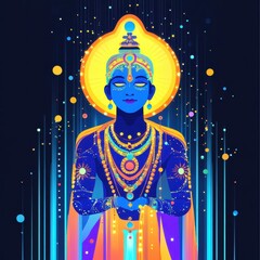 Wall Mural - futuristic spiritual krishna, intricate tech-infused robes, sacred aura, flat design illustration