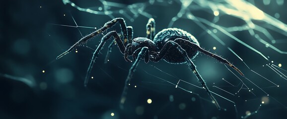 A large black spider sits in the center of a web with a dark blue background.