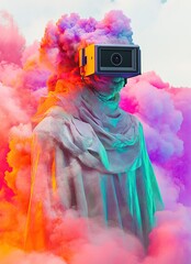 Poster - A surreal figure with a camera head amidst colorful smoke.