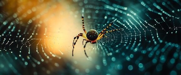 A black and yellow spider sits in the center of its web with a blurred background of green and yellow.
