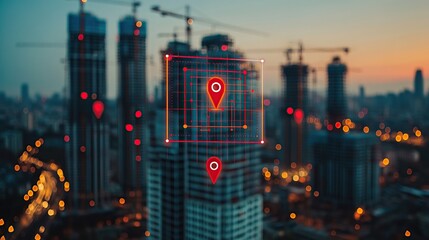 Poster - A city skyline with digital location markers and construction cranes at sunset.
