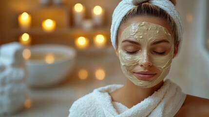 Poster - A woman enjoys a rejuvenating facial treatment while wearing a towel and a headband, surrounded by calming candles and a soothing environment.