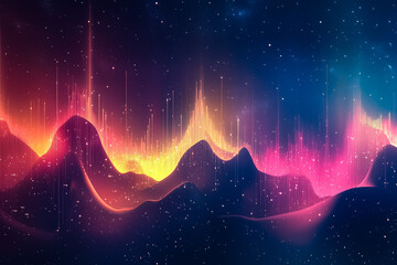 Poster - Vibrant energy beams form glowing cosmic scales above a mystical mountain range, elevating the celestial vibe