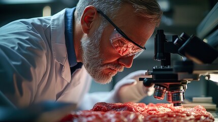 Poster - Scientist examining meat samples under a microscope in a laboratory setting.