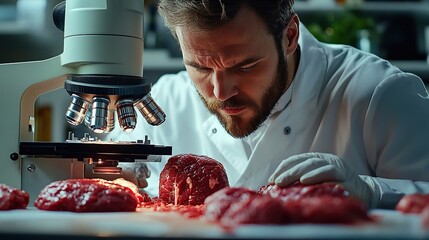 Poster - A scientist examines meat samples under a microscope in a lab setting.